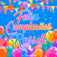 A vibrant animated GIF with 'Feliz Cumpleaños Russell' written in colorful script, surrounded by balloons, confetti, and bunting on a bright blue background.