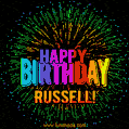 A colorful animated GIF featuring the text 'Happy Birthday Russell!' in rainbow colors with a dynamic iridescent firework display in the background.