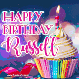 A festive animated GIF featuring a colorful cupcake with a single lit candle, sprinkles, and 'Happy Birthday Russell' text against a sparkling, celebratory background.