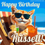 A cheerful cat wearing sunglasses, enjoying drinks on a sunny beach chair, with the text 'Happy Birthday Russell!' in bright letters.