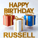 Modern digital e-card wishing Happy Birthday Russell featuring a seamless loop of three 3D gift boxes bouncing cheerfully on a light background