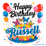 Happy Birthday written in black cursive script above a decorated cake with butterflies and balloons, personalized for Russell.