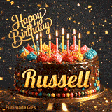 Burning birthday candles on top of a chocolate drip cake decorated with colorful icing dollops and sprinkles for Russell.
