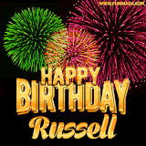 A captivating GIF with bursts of green, pink, and orange fireworks lighting up the night sky, accompanied by 'Happy Birthday Russell' in glowing golden text.