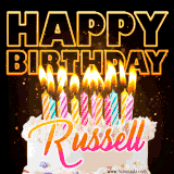 A vibrant animated GIF featuring a delicious birthday cake topped with glowing candles and the name 'Russell' in elegant script, and the words 'Happy Birthday' on the black background.