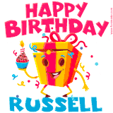A funny animated birthday GIF with the words 'Happy Birthday Russella', colorful gift box with arms and legs, holding a cupcake with a lit candle  with confetti everywhere.