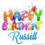 Animated GIF with colorful, festive 'Happy Birthday Russell' text decorated with patterns, a party hat, and falling confetti. A vibrant and cheerful design for birthday celebrations.