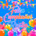 A vibrant animated GIF with 'Feliz Cumpleaños Rustin' written in colorful script, surrounded by balloons, confetti, and bunting on a bright blue background.