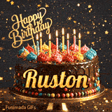A personalized birthday greeting card with a chocolate cake, bright icing swirls, and flickering candles on a gold platter and name Ruston