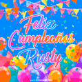 A vibrant animated GIF with 'Feliz Cumpleaños Rusty' written in colorful script, surrounded by balloons, confetti, and bunting on a bright blue background.