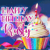 A festive animated GIF featuring a colorful cupcake with a single lit candle, sprinkles, and 'Happy Birthday Rusty' text against a sparkling, celebratory background.