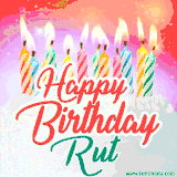 Bright birthday candles with rainbow flames on a cake, alongside the text 'Happy Birthday Rut' in vibrant script in this celebratory animated GIF.
