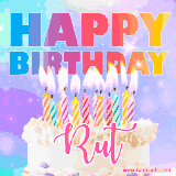 A vibrant animated name GIF with the words 'Happy Birthday Rut' with colorful candles on a creamy cake. The background sparkles with pastel shades, adding a festive touch.