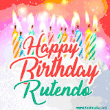 Bright birthday candles with rainbow flames on a cake, alongside the text 'Happy Birthday Rutendo' in vibrant script in this celebratory animated GIF.