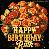 Animated bouquet of orange roses with moving butterfles and golden 'Happy Birthday Ruth' text, surrounded by sparkling accents and a dark backdrop for a luxurious feel.