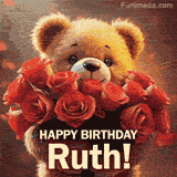Cinematic style cute animated teddy bear with charming features holding a large bouquet of red roses, the words say 'Happy Birthday Ruth' in sans serif font.