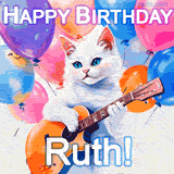 Animated GIF featuring a charming white cat with bright blue eyes strumming a guitar while colorful balloons float in the background, with 'Happy Birthday Ruth!' text.