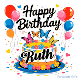 An animated birthday card for Ruth. It features a festive cake with her name, 'Ruth', and colorful butterflies. Floating balloons and hearts complete the joyful scene.