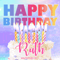Animated Happy Birthday Cake with Name Ruth and Burning Candles