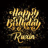 Animated GIF with colorful, festive 'Happy Birthday Ruxin' text decorated with patterns, a party hat, and falling confetti. A vibrant and cheerful design for birthday celebrations.
