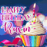 A festive animated GIF featuring a colorful cupcake with a single lit candle, sprinkles, and 'Happy Birthday Ruxin' text against a sparkling, celebratory background.