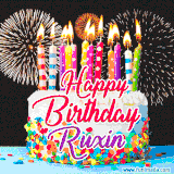 A lively happy birthday animated GIF showcasing a colorful birthday cake covered in sprinkles, topped with glowing candles, and surrounded by vibrant fireworks. The name 'Ruxin' is featured in elegant script.