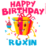 A funny animated birthday GIF with the words 'Happy Birthday Ruxina', colorful gift box with arms and legs, holding a cupcake with a lit candle  with confetti everywhere.