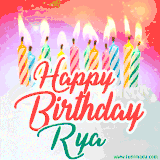 Bright birthday candles with rainbow flames on a cake, alongside the text 'Happy Birthday Rya' in vibrant script in this celebratory animated GIF.
