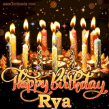 A glowing personalized birthday GIF with name Rya featuring lit candles with intricate designs, warm lighting, and the text 'Happy Birthday' in an elegant font.