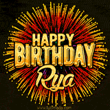 Golden 'Happy Birthday Rya' text accompanied by animated rainbow fireworks for a festive animated greeting.