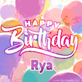 A vibrant name GIF featuring colorful balloons in shades of pink, orange, and yellow with the bold text 'Happy Birthday Rya' in festive fonts, creating a lively birthday vibe.