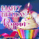 A festive animated GIF featuring a colorful cupcake with a single lit candle, sprinkles, and 'Happy Birthday Ryaan' text against a sparkling, celebratory background.