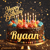 An animated birthday card for Ryaan with flickering candles on a chocolate glaze cake.