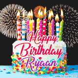 A lively happy birthday animated GIF showcasing a colorful birthday cake covered in sprinkles, topped with glowing candles, and surrounded by vibrant fireworks. The name 'Ryaan' is featured in elegant script.