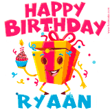 A funny animated birthday GIF with the words 'Happy Birthday Ryaana', colorful gift box with arms and legs, holding a cupcake with a lit candle  with confetti everywhere.