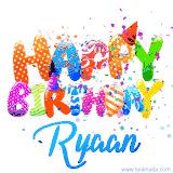 Animated GIF with colorful, festive 'Happy Birthday Ryaan' text decorated with patterns, a party hat, and falling confetti. A vibrant and cheerful design for birthday celebrations.