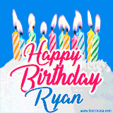 A cheerful animated GIF featuring colorful lit birthday candles on a white cake, with the text 'Happy Birthday Ryan' in bold red and blue script on a bright blue background.