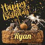 Animated GIF featuring the text 'Happy Birthday Ryan' written in glittering gold above the luxurious chocolate birthday cake adorned with truffles, gold stars, and sparklers.