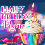 A festive animated GIF featuring a colorful cupcake with a single lit candle, sprinkles, and 'Happy Birthday Ryan' text against a sparkling, celebratory background.