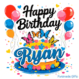 Animated floral drip cake with balloon bouquets and scattered confetti, personalized with the name Ryan.