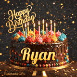 A decorated chocolate birthday cake on a golden stand with lit candles and colorful whipped cream rosettes, personalized for Ryan.