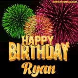 A captivating GIF with bursts of green, pink, and orange fireworks lighting up the night sky, accompanied by 'Happy Birthday Ryan' in glowing golden text.