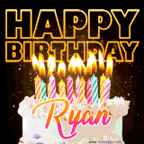 A vibrant animated GIF featuring a delicious birthday cake topped with glowing candles and the name 'Ryan' in elegant script, and the words 'Happy Birthday' on the black background.