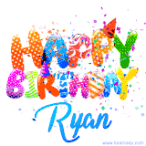 Animated GIF with colorful, festive 'Happy Birthday Ryan' text decorated with patterns, a party hat, and falling confetti. A vibrant and cheerful design for birthday celebrations.