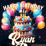 Bright birthday animation for Ryan with a chocolate cake, candles, balloons, and glowing celebratory lights.