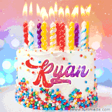 A cheerful white birthday cake with multicolor sprinkles, lit candles, and 'Ryan' written in vibrant letters, in an animated GIF.