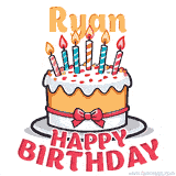 Cartoon birthday cake with a red bow, glowing candles, and 'Ryan Happy Birthday' text in bold animated style.