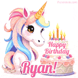 An adorable animated unicorn with soft pastel colors sits beside a birthday cake with glowing candles, and a pink 'Happy Birthday Ryan!' words.