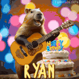 Animated birthday GIF showing a capybara playing guitar and singing beside a birthday cake with the name Ryan in large letters and colorful bokeh lights in the background.