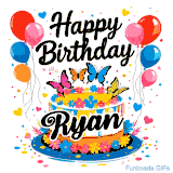 An animated birthday card for Ryan. It features a festive cake with her name, 'Ryan', and colorful butterflies. Floating balloons and hearts complete the joyful scene.
